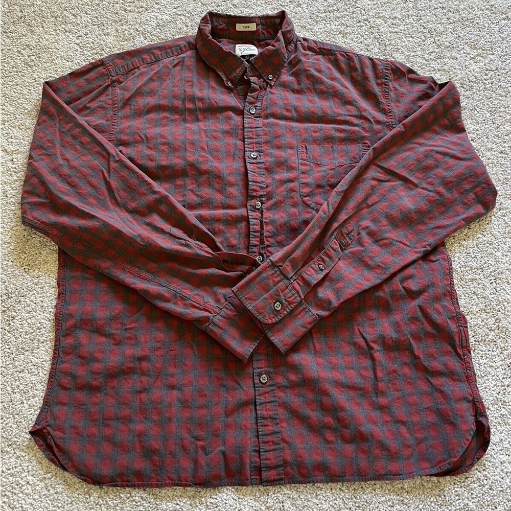 J Crew Mens XL Slim Button-Down Long Sleeve Checkered Woven Gray Red Cotton FLAW